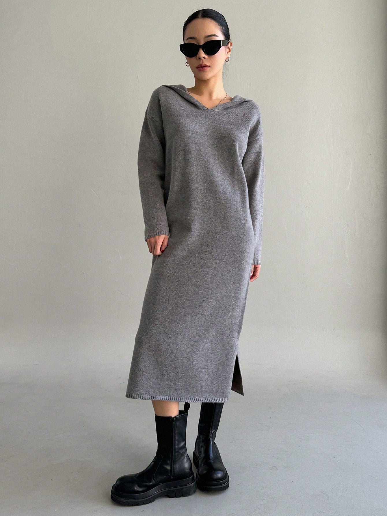 Women's Solid Color Hooded Sweater Dress With Side Slit