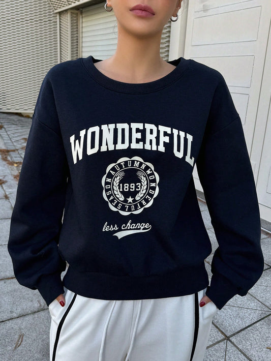 Loose Shoulder Long Sleeve Sweatshirt With Text Pattern