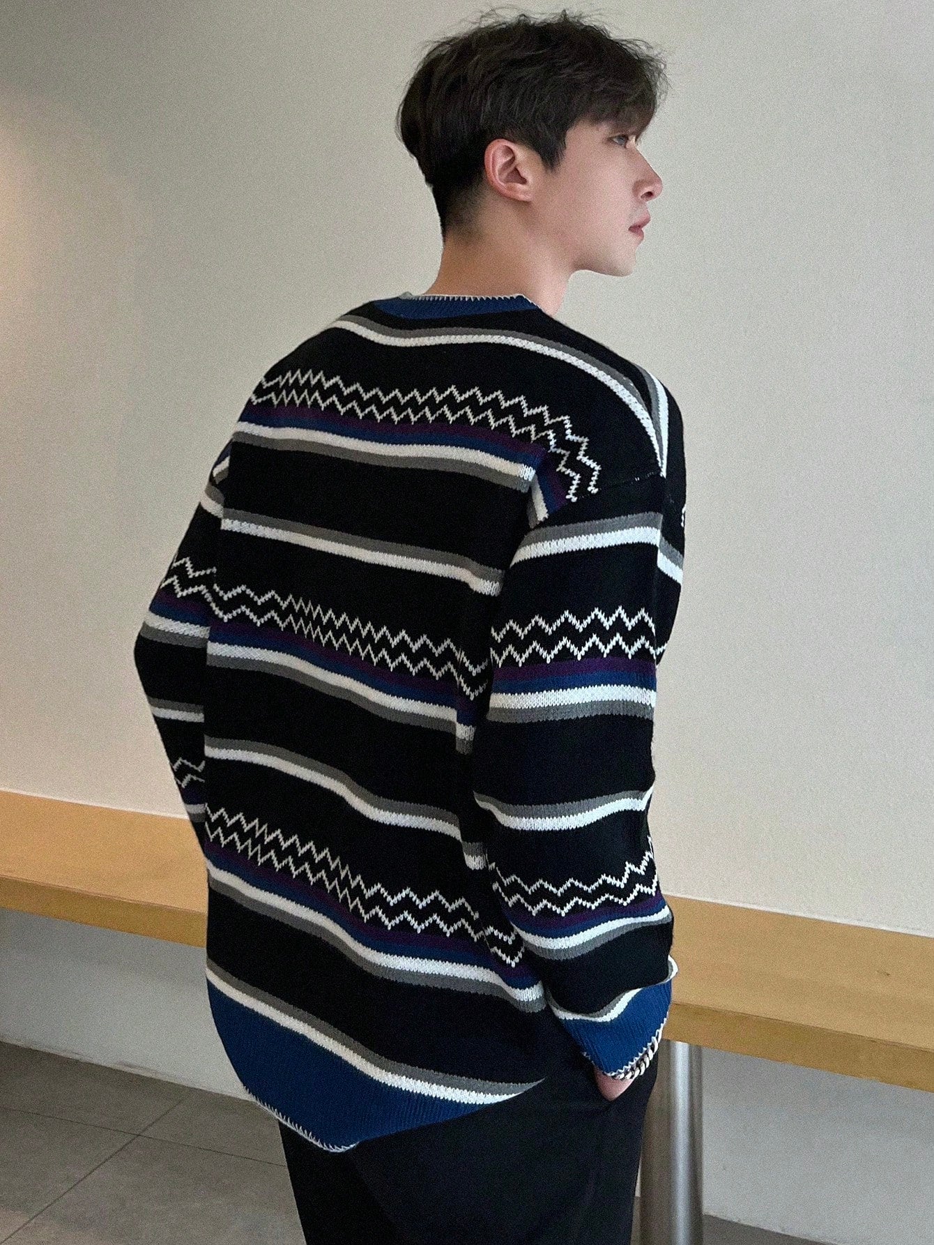 Men's Striped Notch Collar Drop Shoulder Sweater