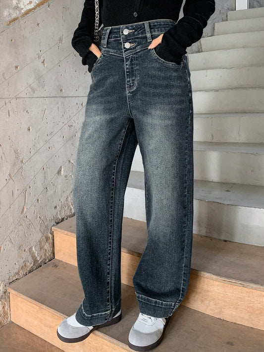 Ladies' Simple Solid Color Loose Jeans