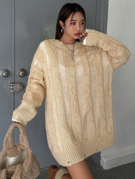 Loose Fit Casual Hollow Out Knitted Sweater With Drop Shoulder