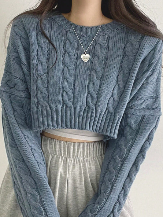 Women's Short Knit Sweater With Round Neck In Blue
