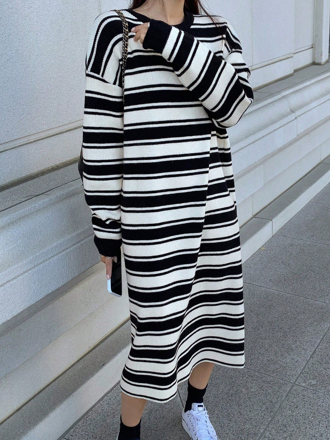 Women's Striped Off-shoulder Sweater Dress