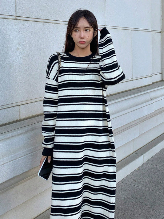 Women's Striped Off-shoulder Sweater Dress