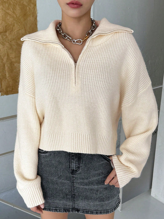 Half Zipper Sweater With Drop Shoulder Sleeves