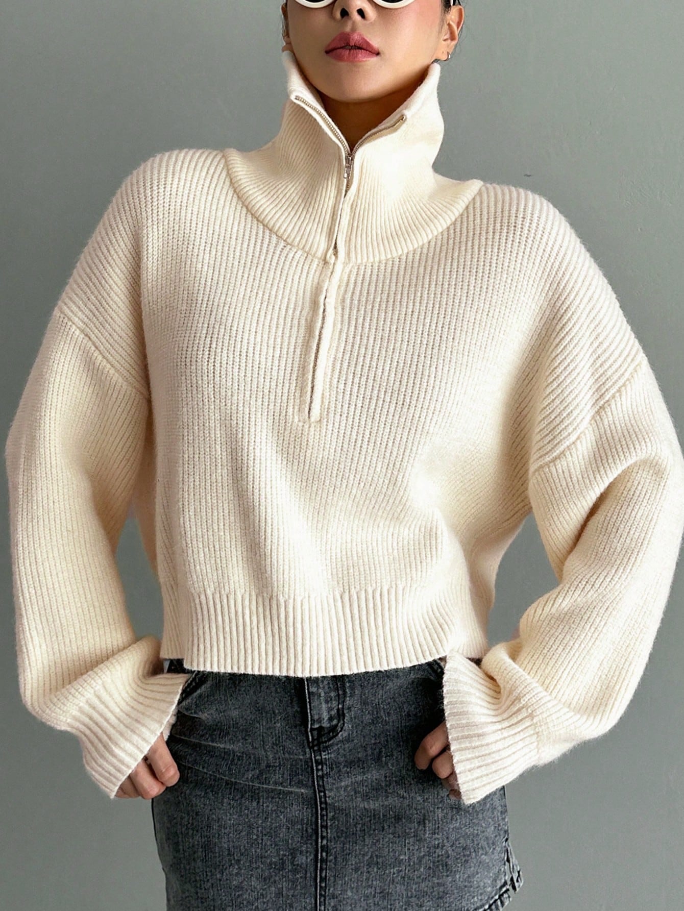 Half Zipper Sweater With Drop Shoulder Sleeves