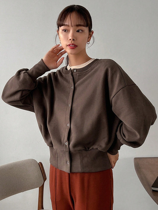 Women's Solid Color Drop Shoulder Button Front Cardigan Sweater