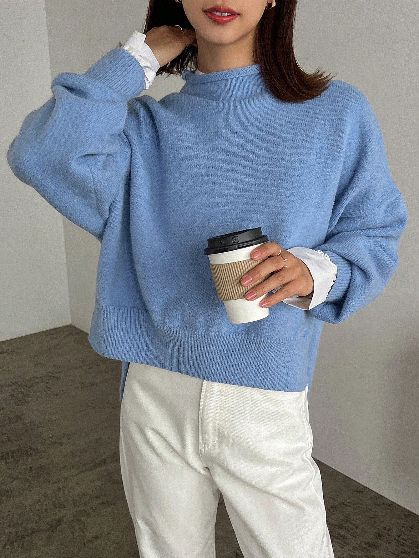 Women's Blue Casual Knit Sweater With Short Front And Long Back