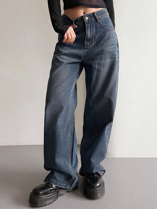 Regular Waist Cat Whisker Distressed Wide Leg Women's Jeans