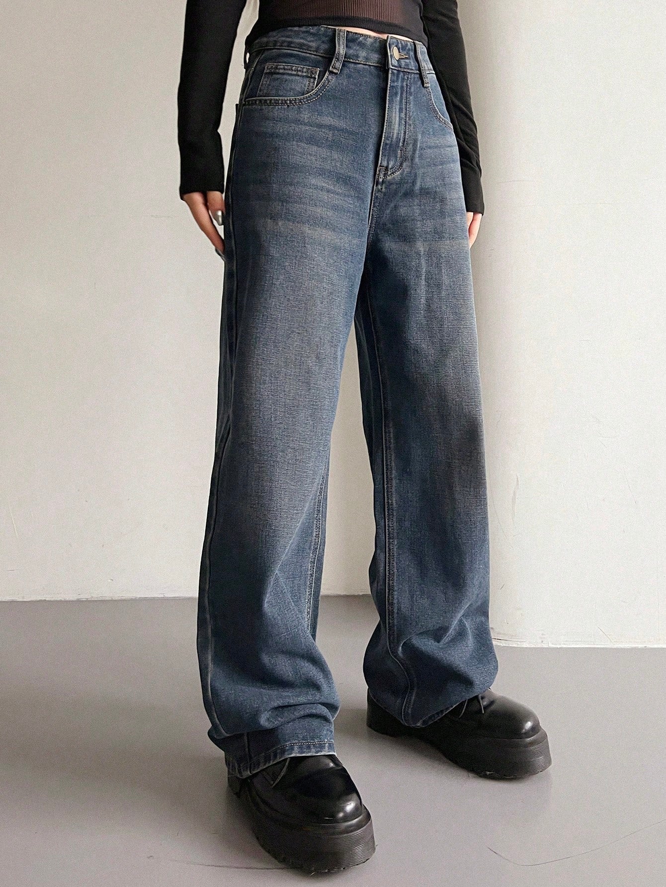 Regular Waist Cat Whisker Distressed Wide Leg Women's Jeans