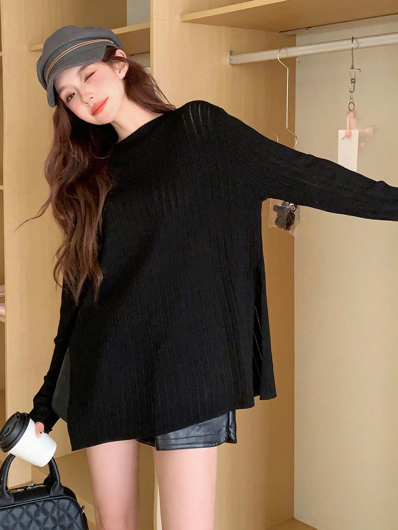 Solid Color Thin See-Through Loose Long Sleeve Round Neck Sweater For Women