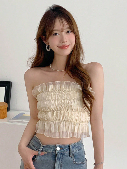 Solid Frill Trim Ruched Mesh Overlay Tube Top