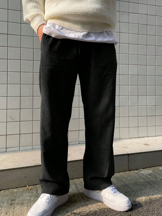Men's Solid Color Wide Leg Pants With Slanted Pockets, Autumn And Winter