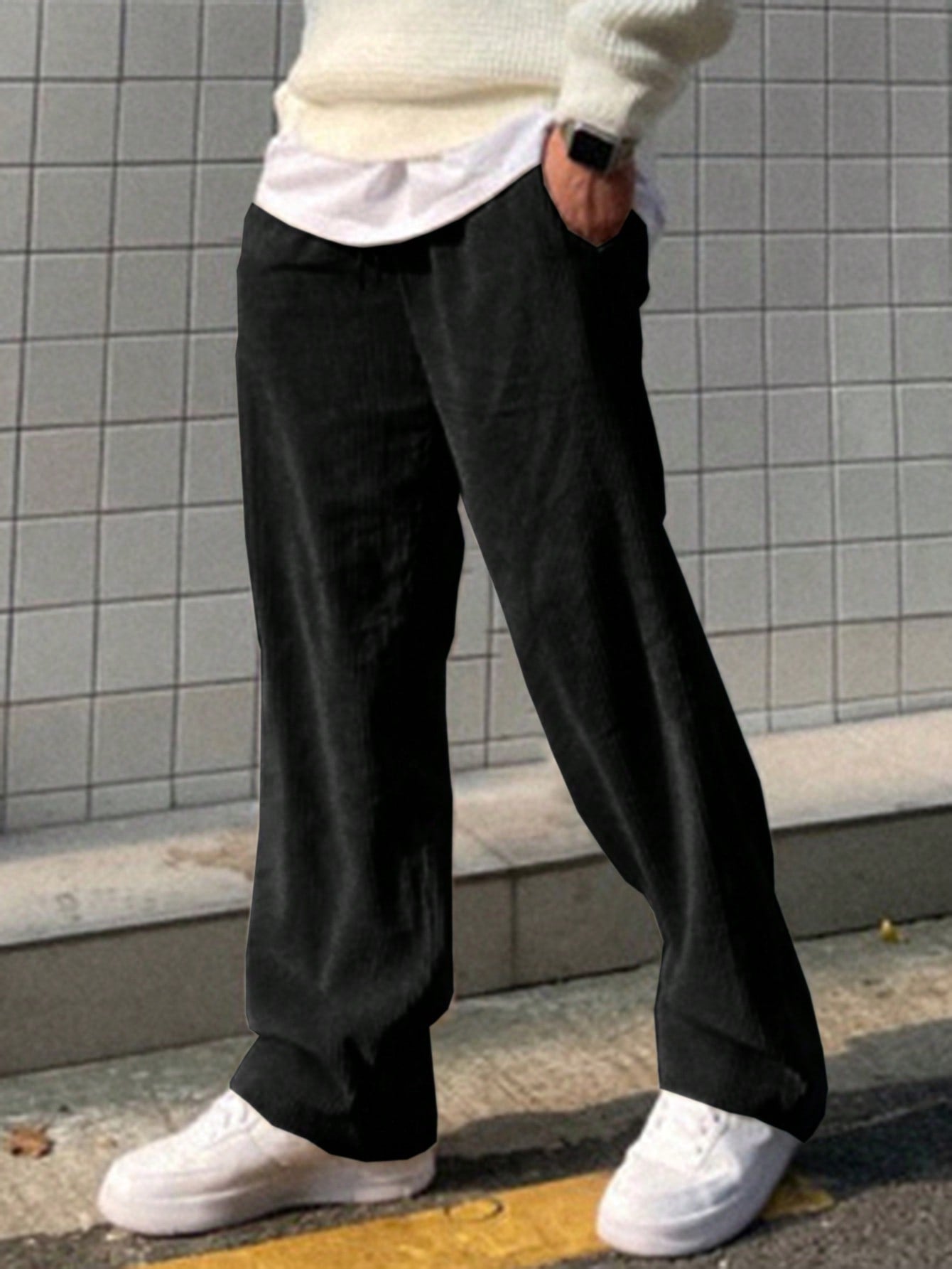 Men's Solid Color Wide Leg Pants With Slanted Pockets, Autumn And Winter