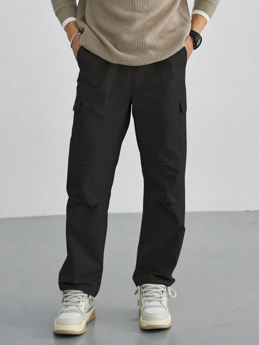 Men's Solid Color Straight Pants With Slanted Pockets