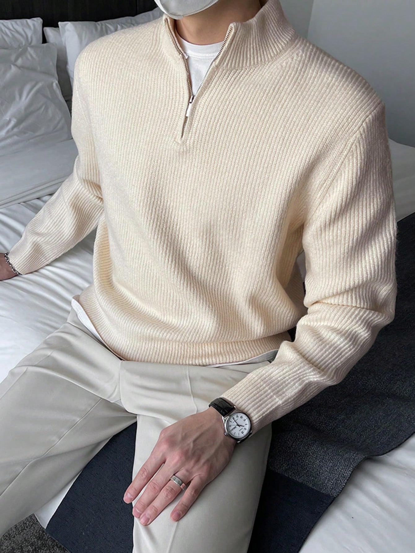 1pc Men Zipper Front Ribbed Knit Sweater
