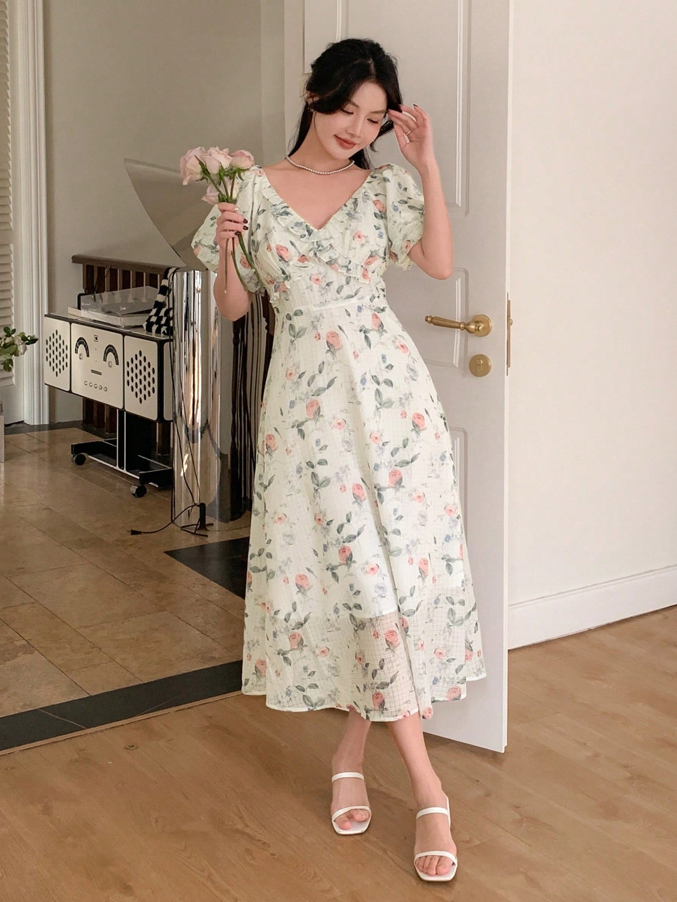 Women'S Floral Print Puff Sleeve Dress