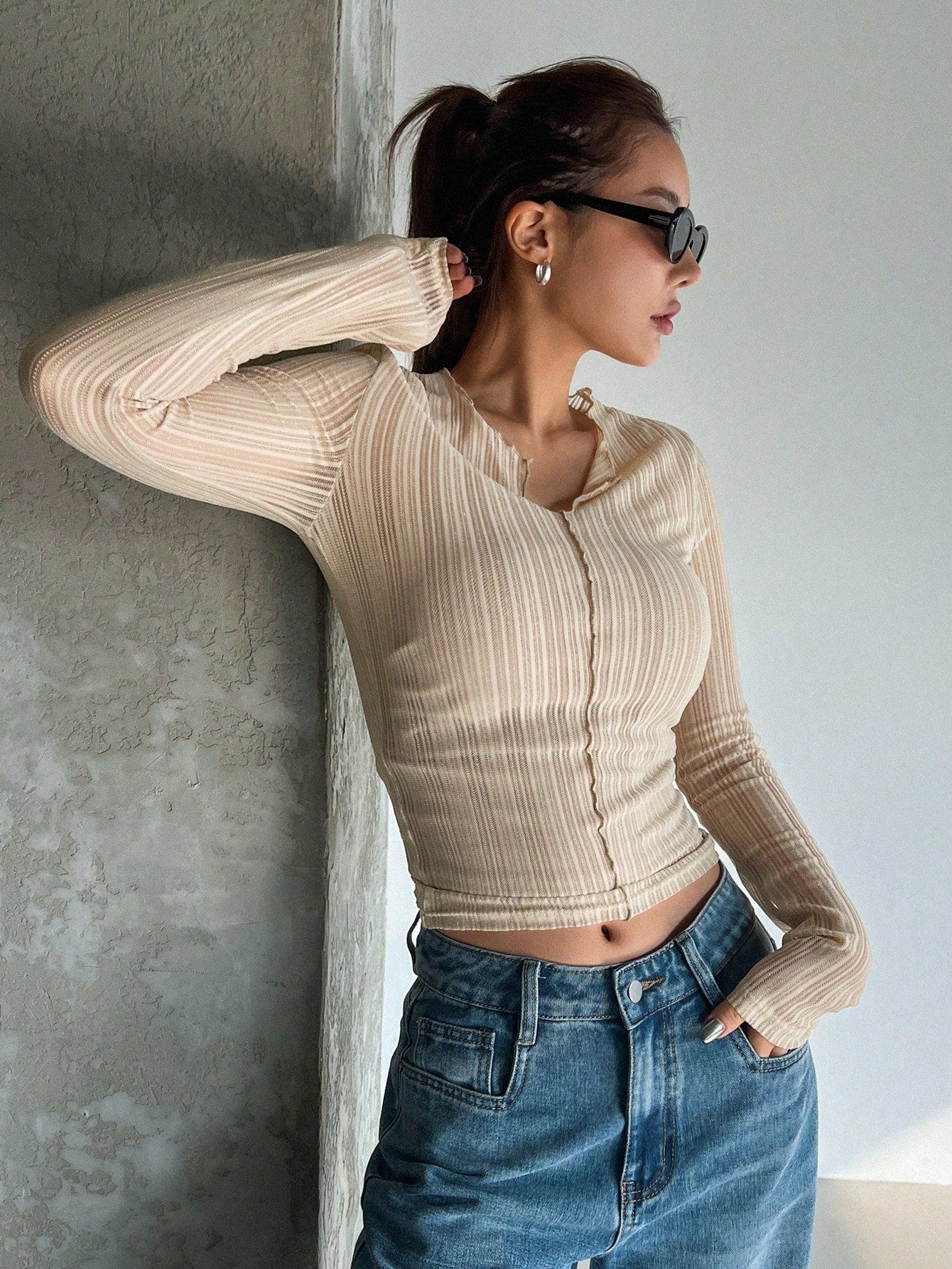 Women's Slim Fit Long Sleeve T-Shirt With Frill Trim