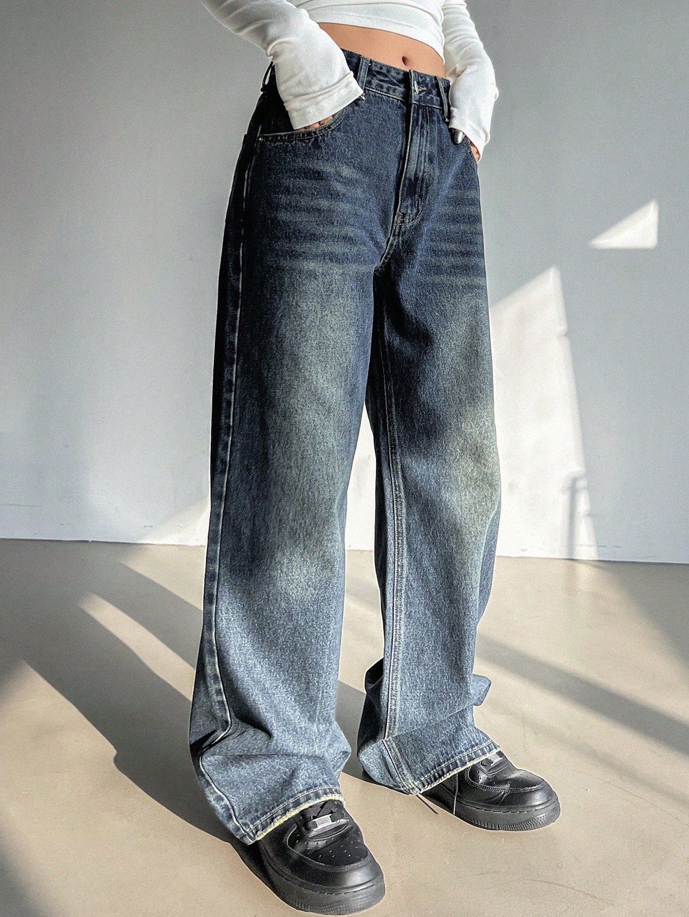 Ladies' Low Waist Wide Leg Casual Straight Denim Jeans