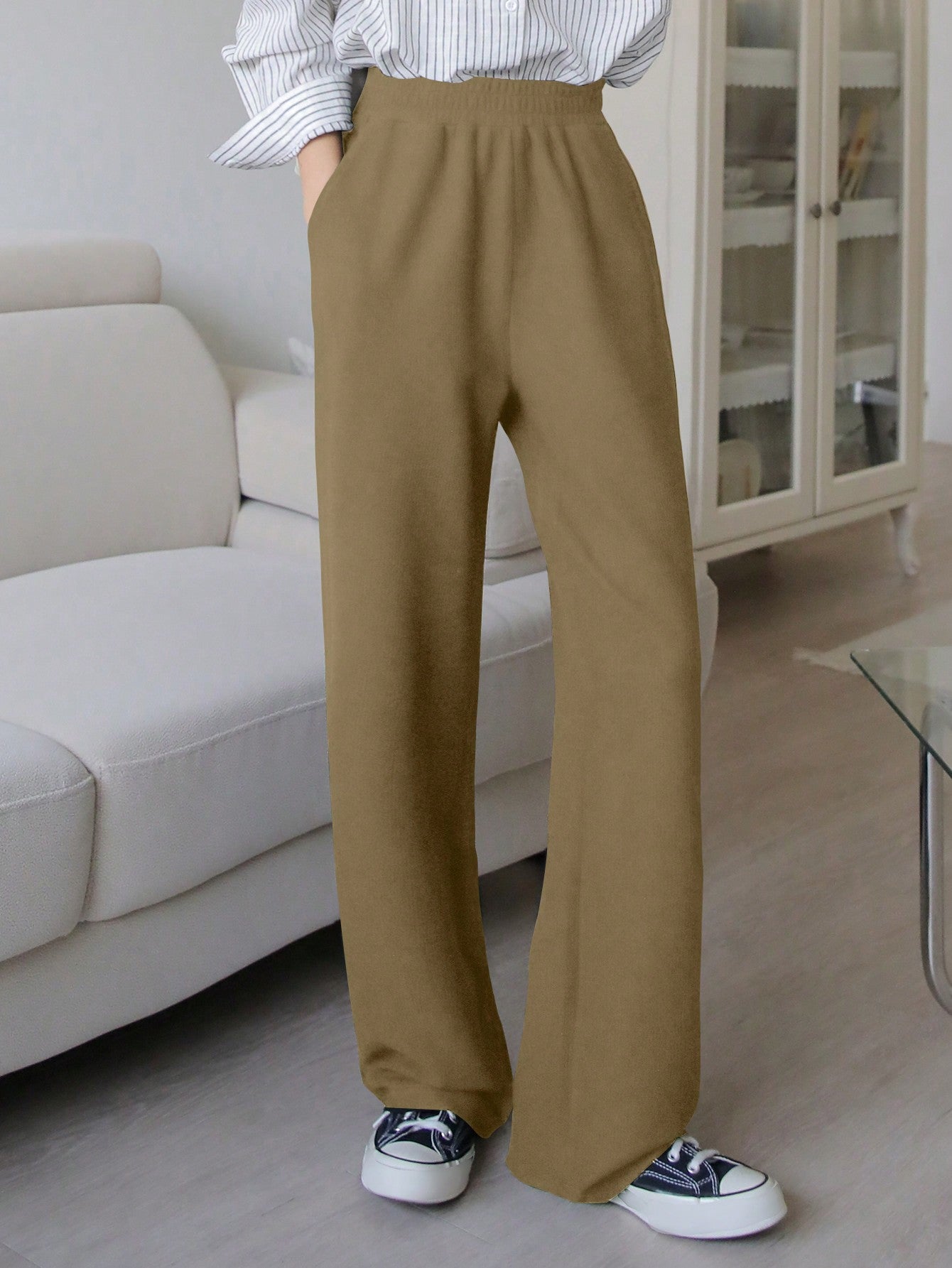 Women's Elastic Waist Pure Color Pants With Pockets