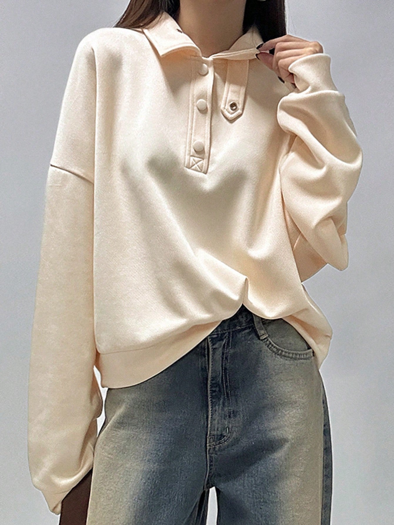 Women's Button Half Placket Drop Shoulder Long Sleeve Sweatshirt