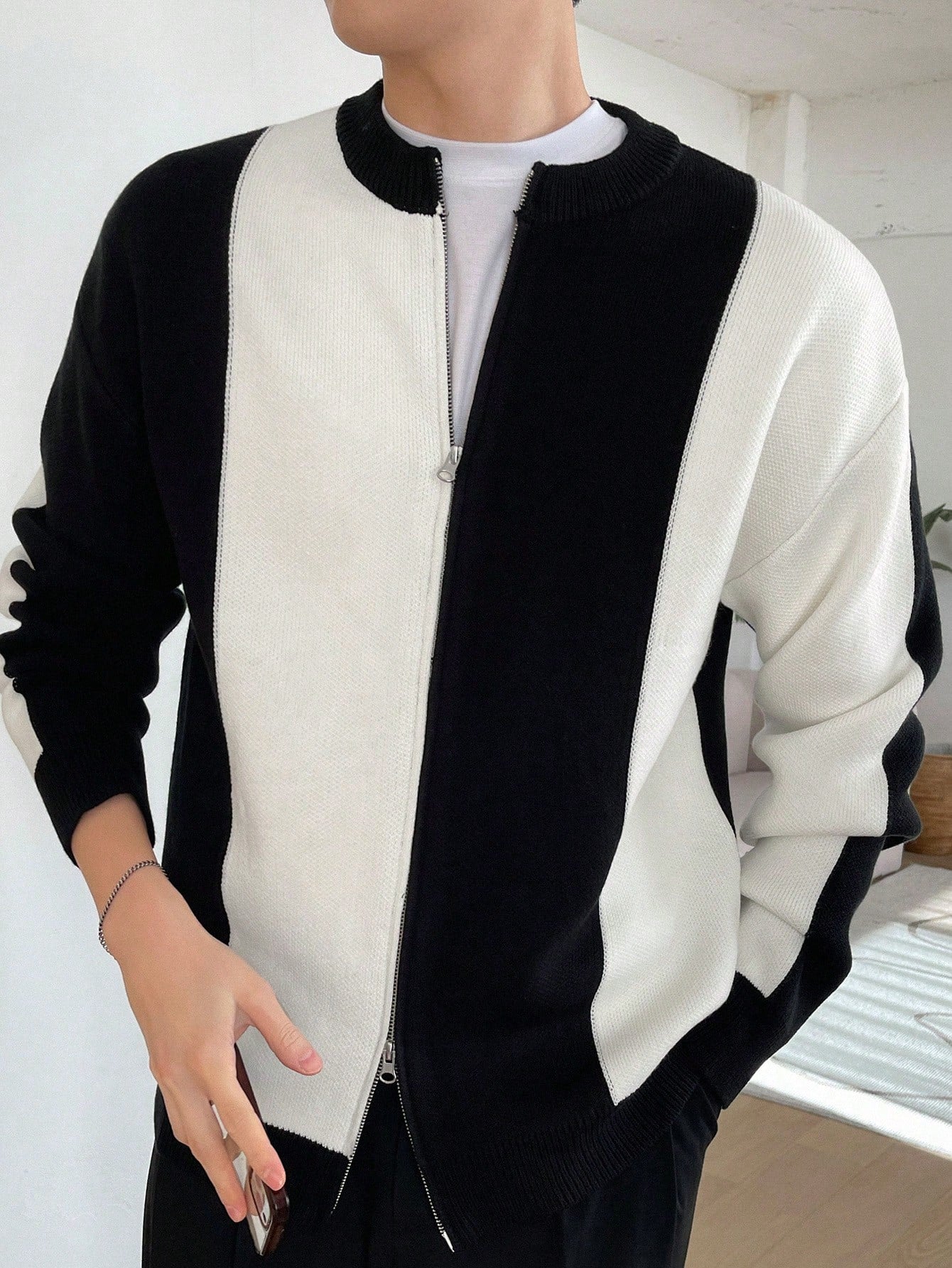 Men's Color Block Patchwork Front Zip Cardigan Sweater For Fall/Winter