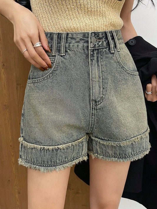 Ladies' Casual Denim Shorts With Frayed Hem