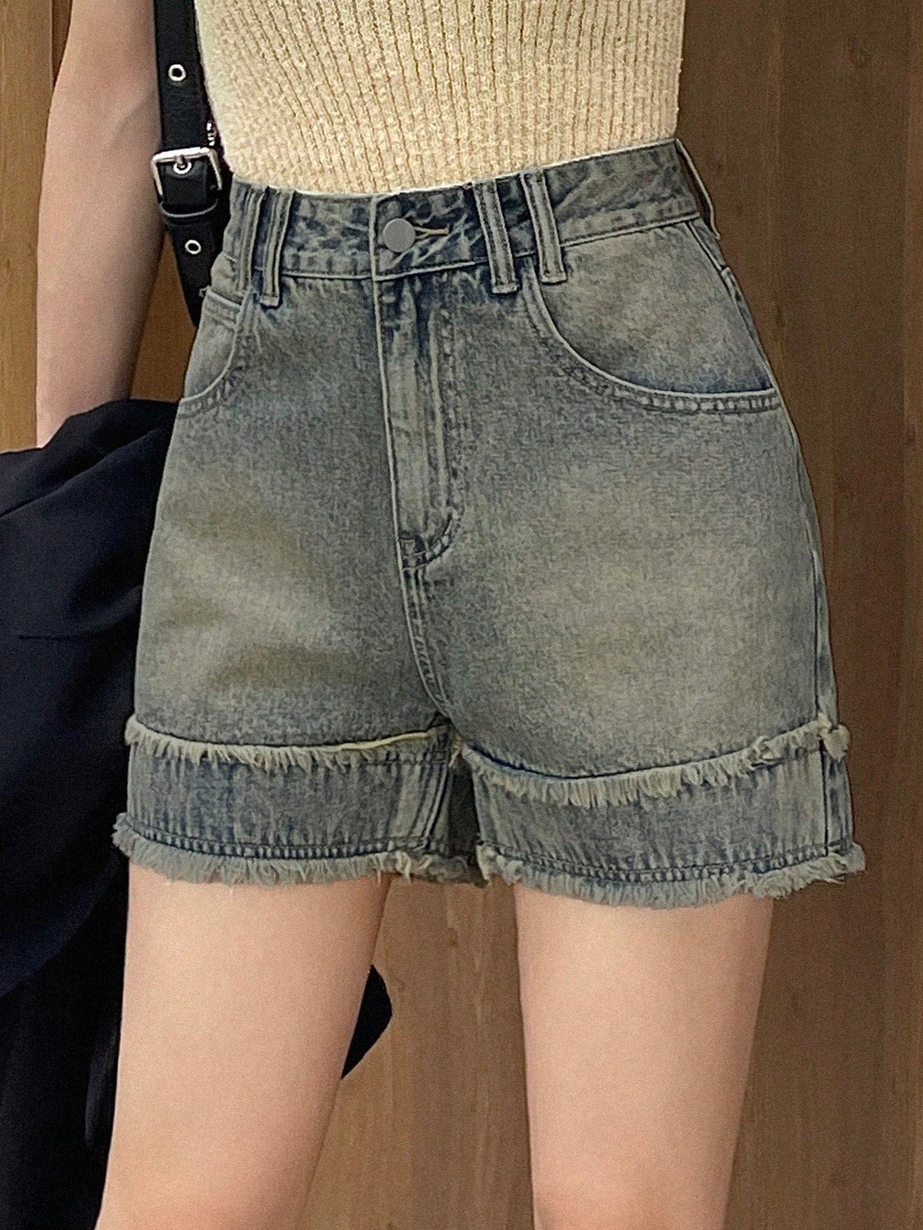 Ladies' Casual Denim Shorts With Frayed Hem
