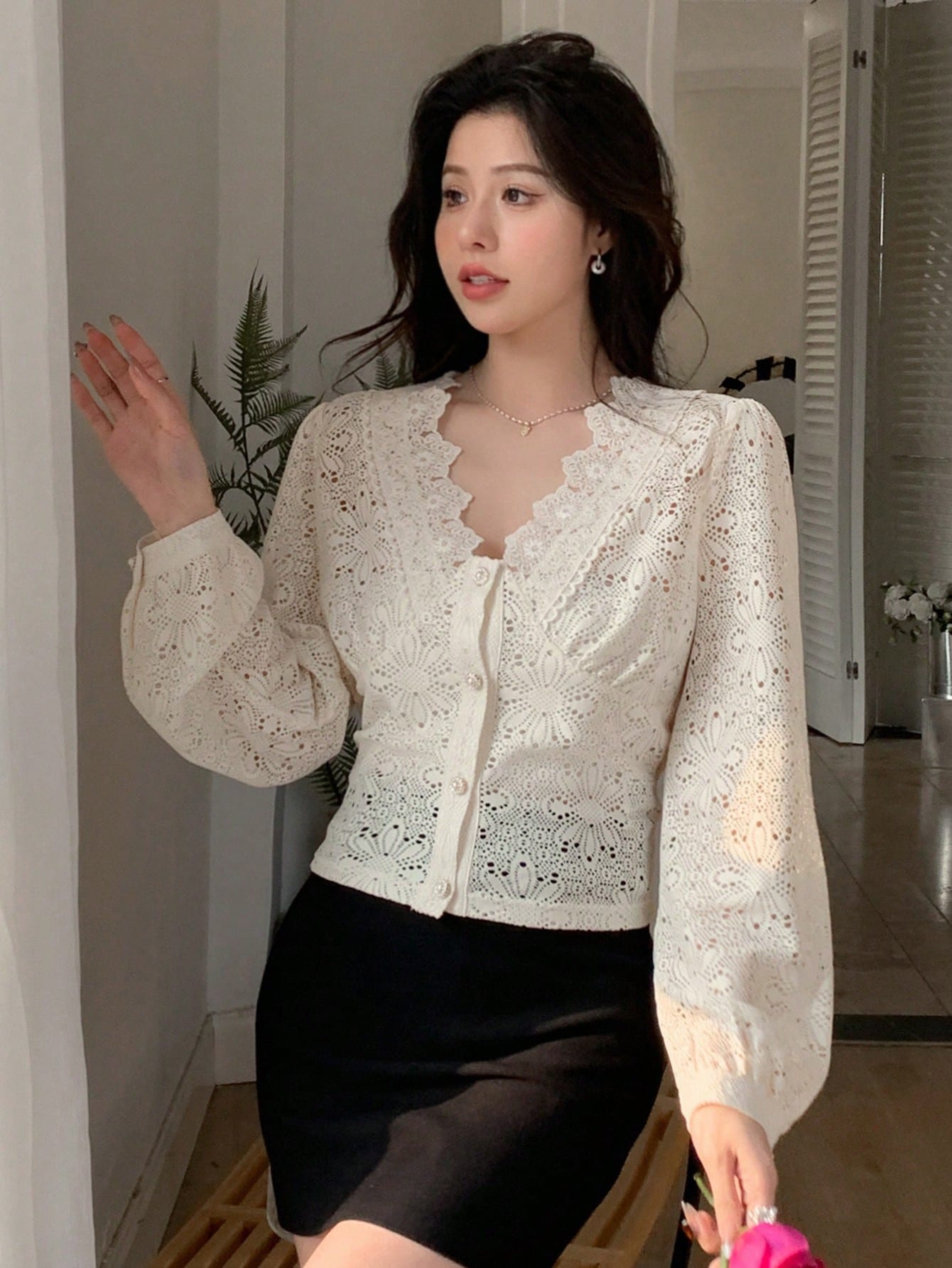 Lace Hollow Out Jacquard Pearl Button Slim Fit Long Sleeve Women's Shirt