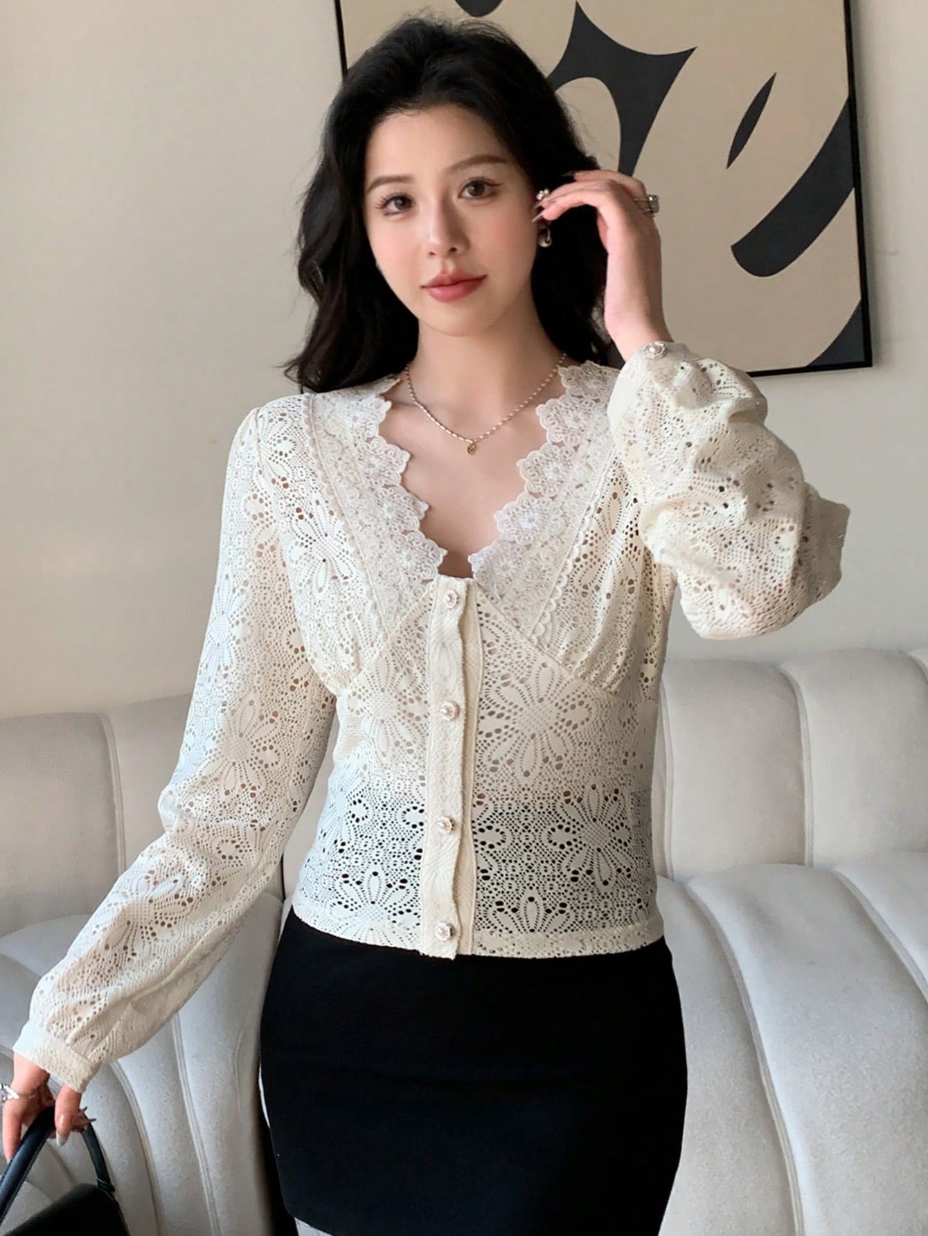 Lace Hollow Out Jacquard Pearl Button Slim Fit Long Sleeve Women's Shirt