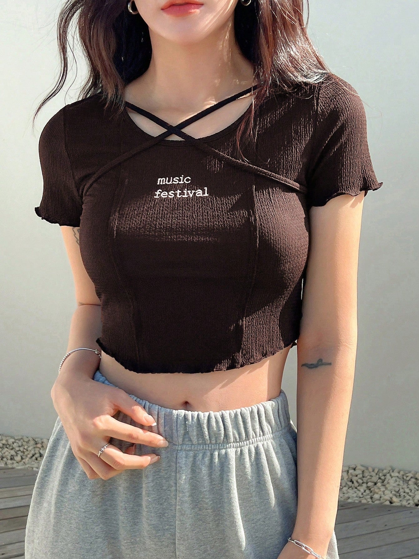 Letter Embroidery Criss Cross Crop Tee