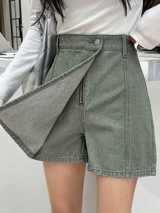 Women's Denim Skort With Wrap Style Hem And Pockets