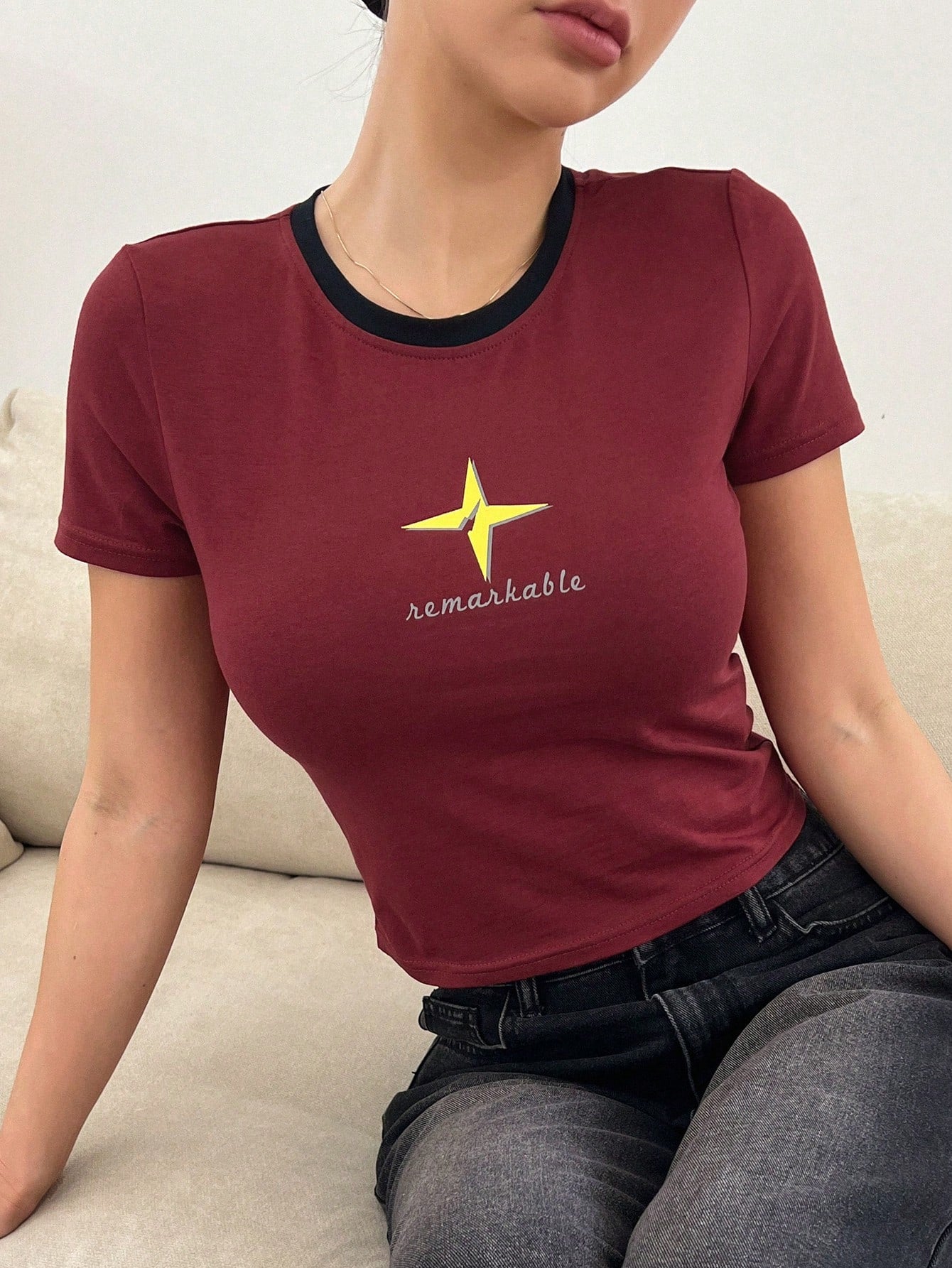 Letter & Star Printed Short Sleeve T-Shirt For Women