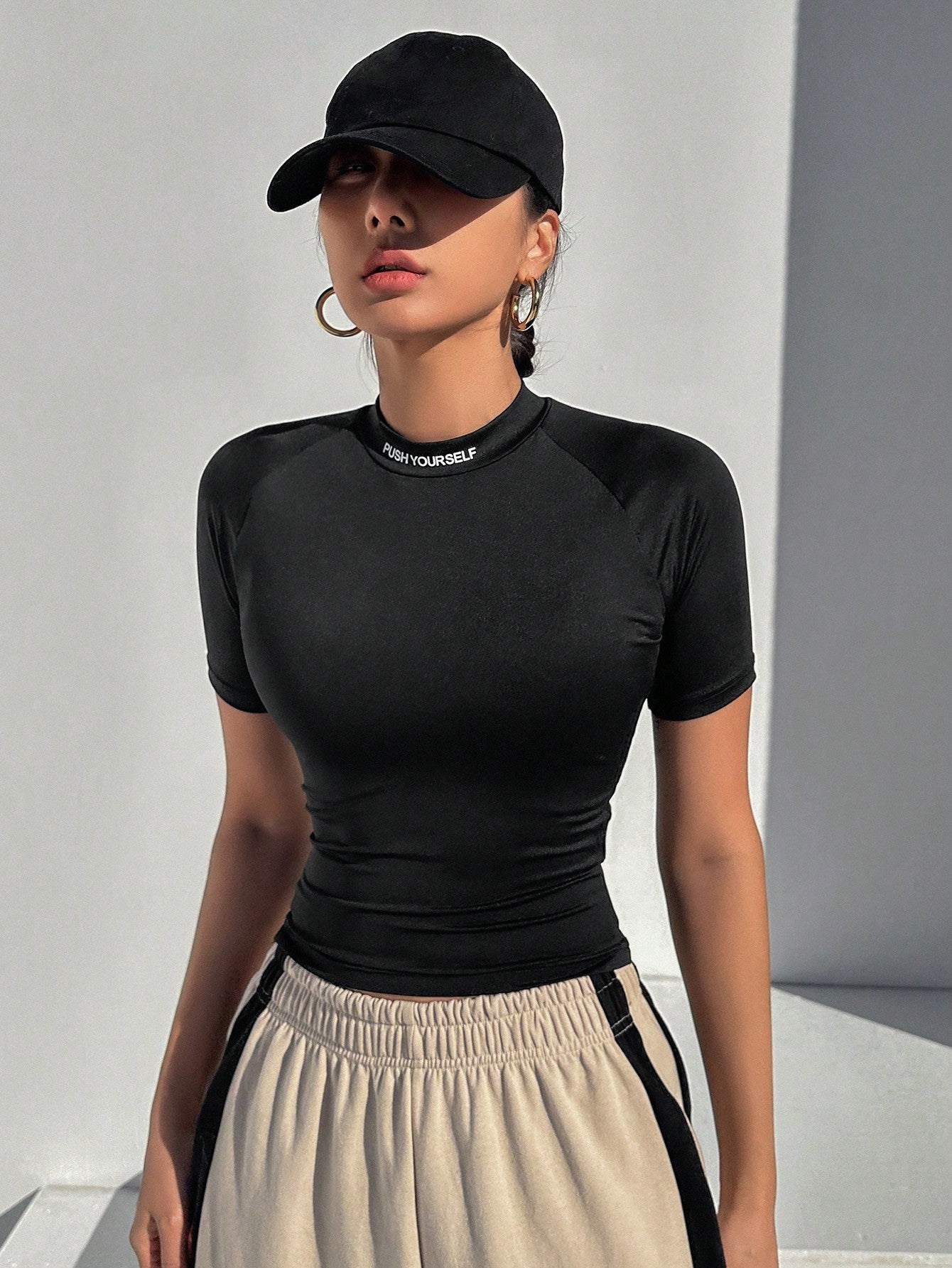 Women's Half Turtleneck Tight Short Sleeve T-Shirt With Letter Print And Cropped Hem
