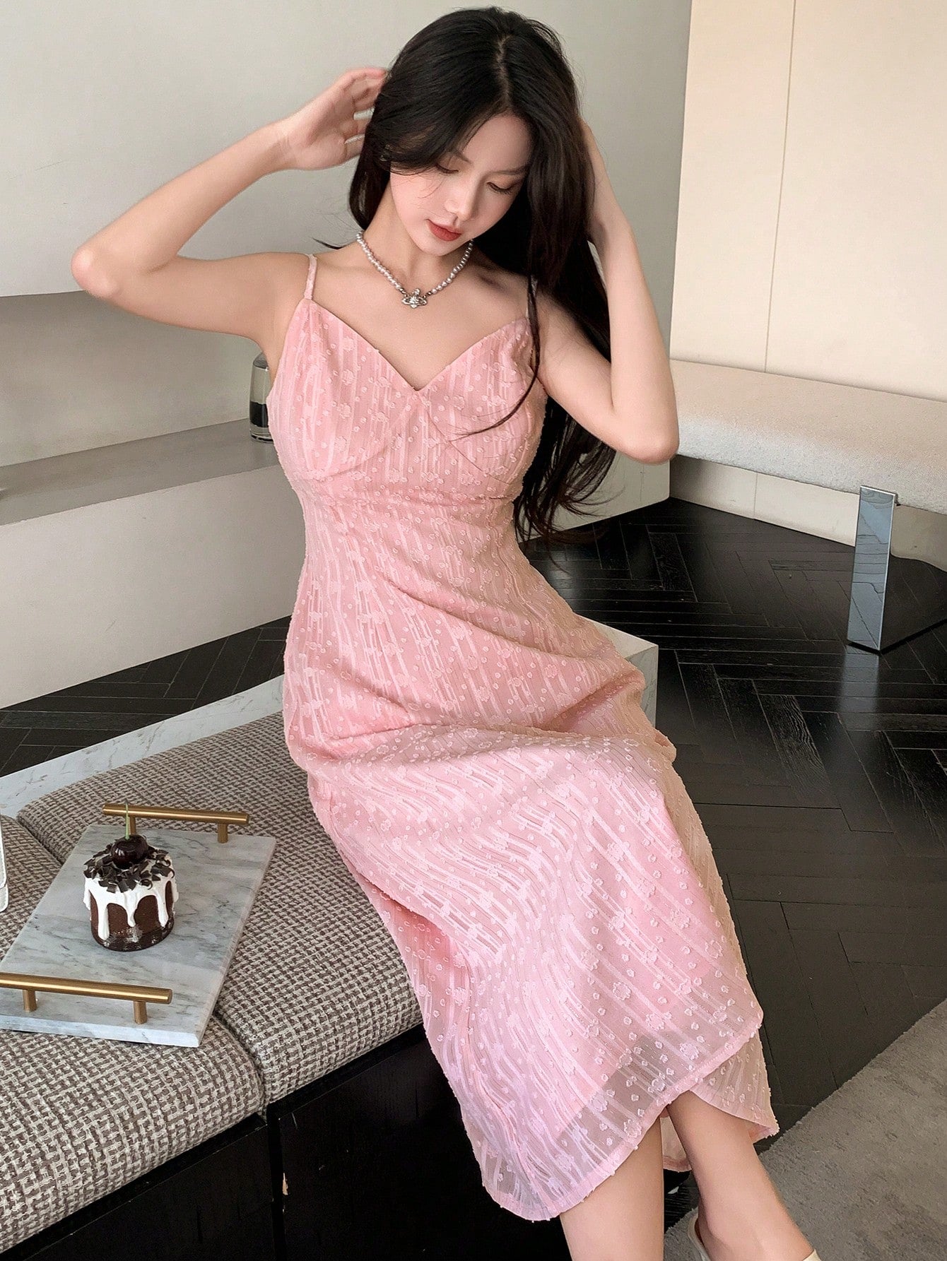 Ladies' Solid Color Textured Spaghetti Strap Dress