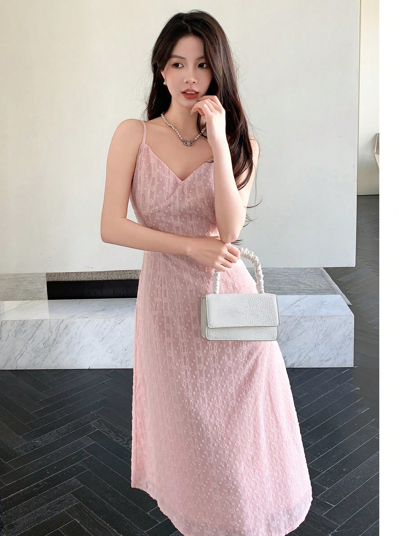 Ladies' Solid Color Textured Spaghetti Strap Dress