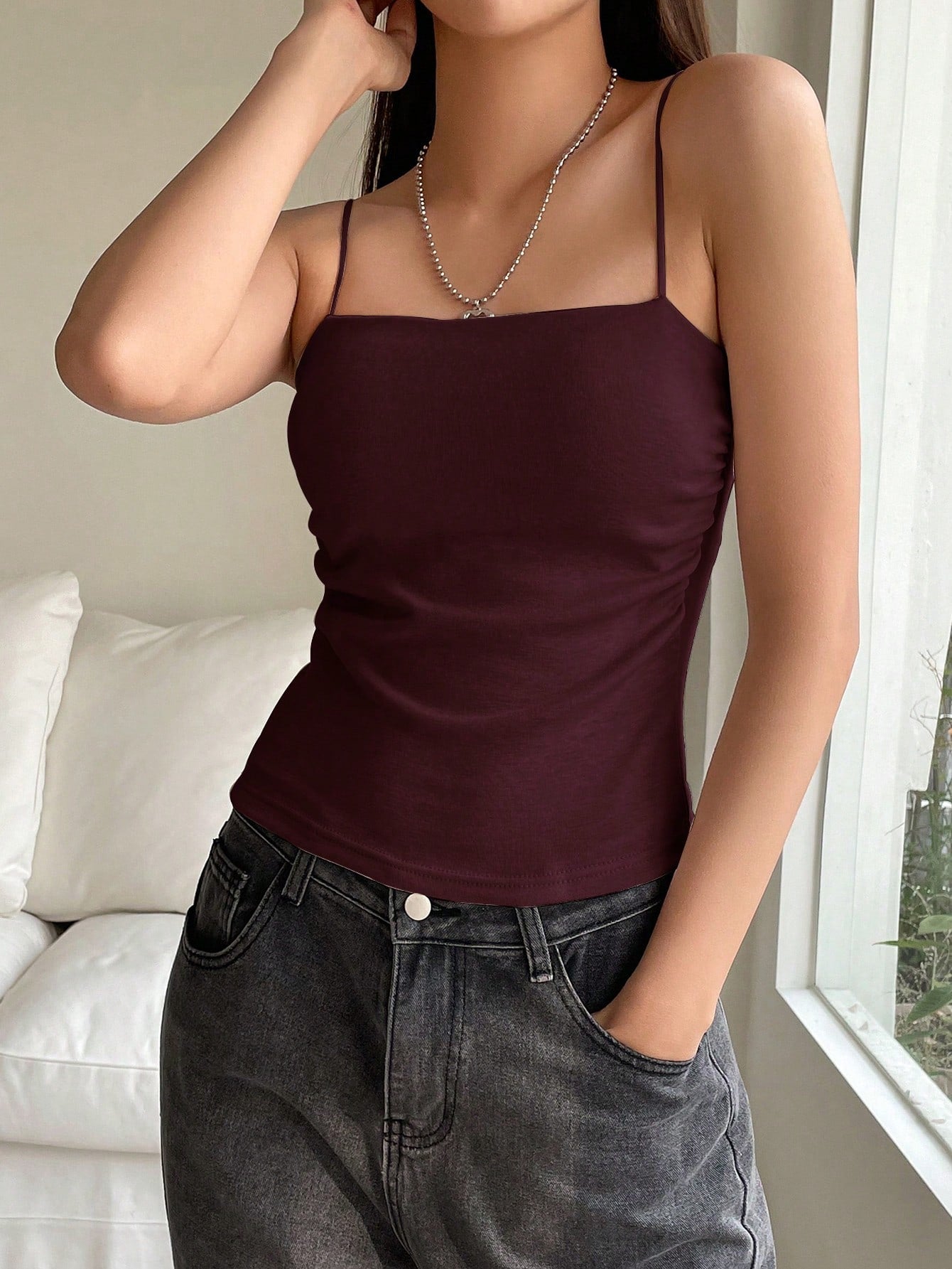 Solid Colored Pleated Side Casual Camisole Top