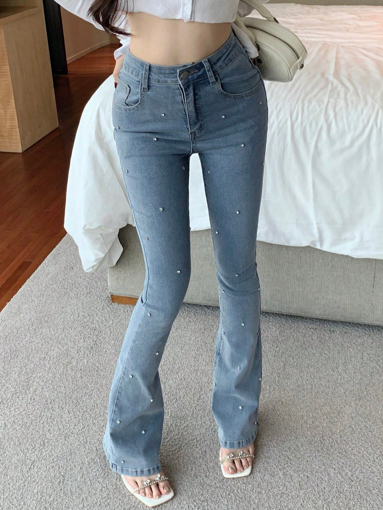 Women's Rhinestone Decor Flared Jeans