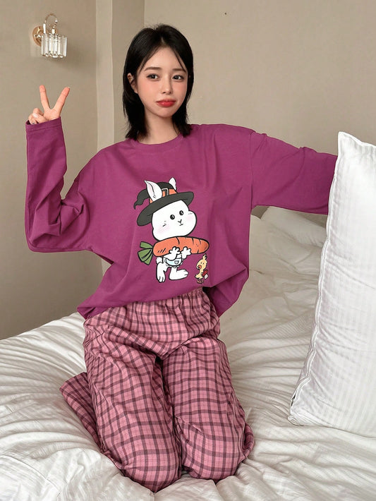 Women's Cute Rabbit Printed Top And Plaid Pants Home Wear Set