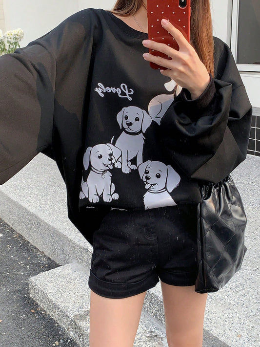 Women's Round Neck Long Sleeve Sweatshirt With Puppy & Letter Print