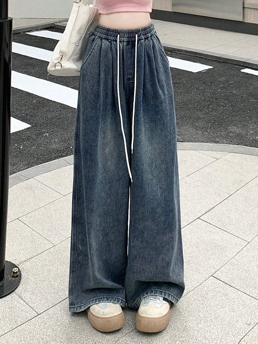 Vintage Washed Elastic Waistband Drawstring Wide Leg Jeans With Distressed Details