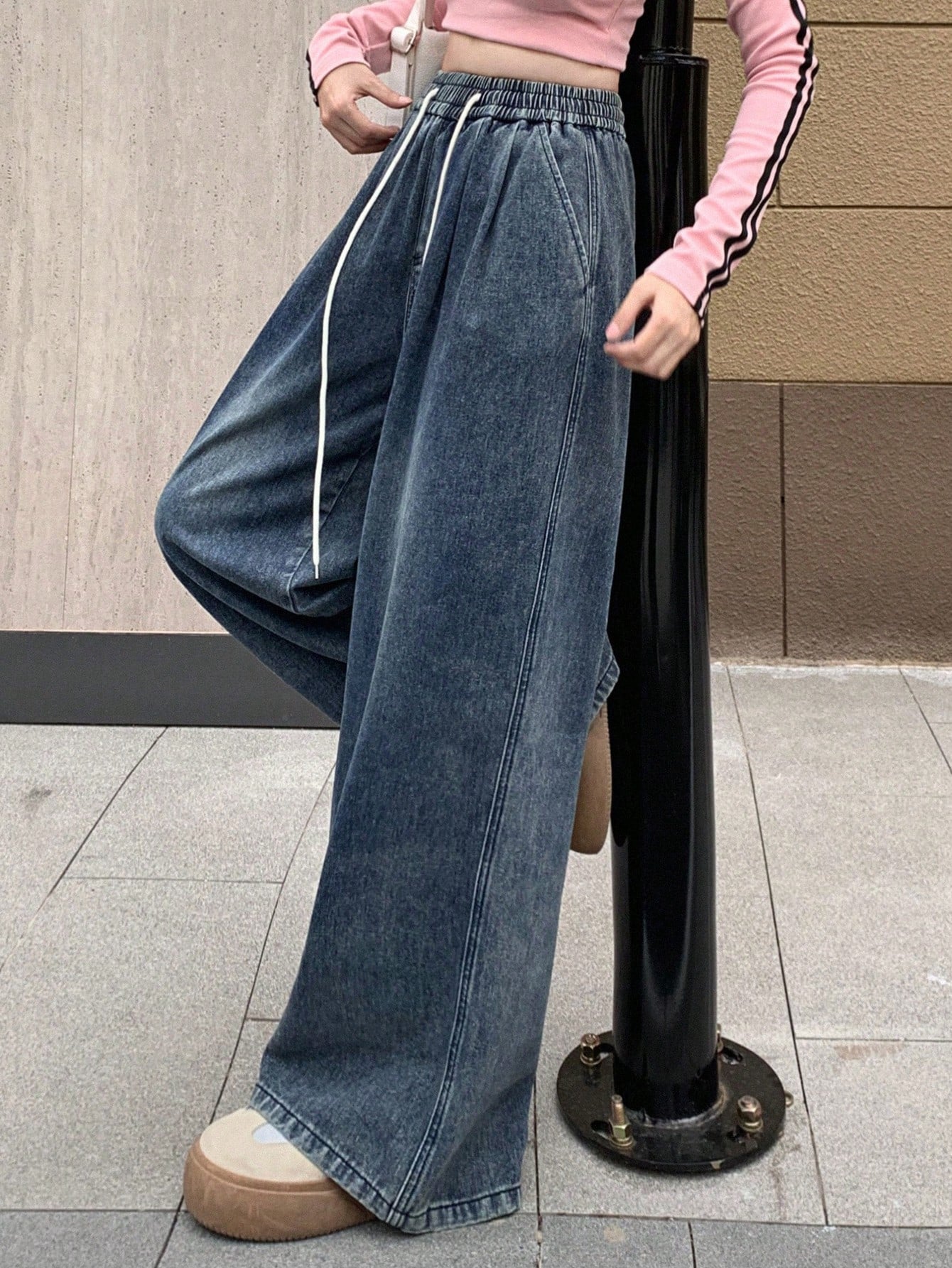 Vintage Washed Elastic Waistband Drawstring Wide Leg Jeans With Distressed Details