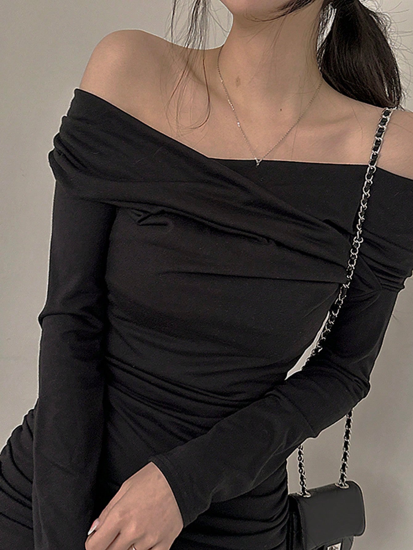 Ladies' Pure Color Slim Fit Short Bodycon Dress With Off Shoulder Design