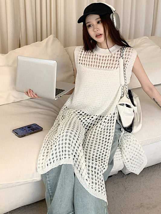 Women's Sleeveless Long Knitted Sweater Dress With Hollow Out Design