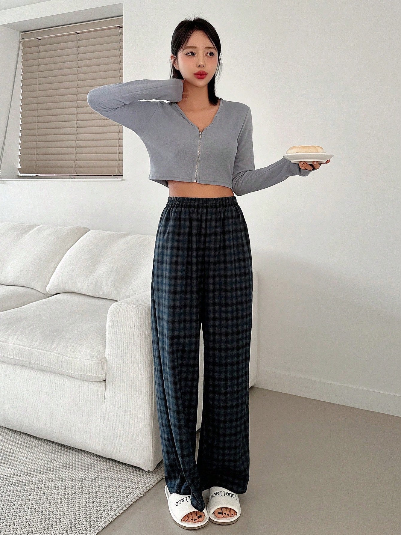 Loose-Fit Plaid Pattern Casual Pants For Home Wear