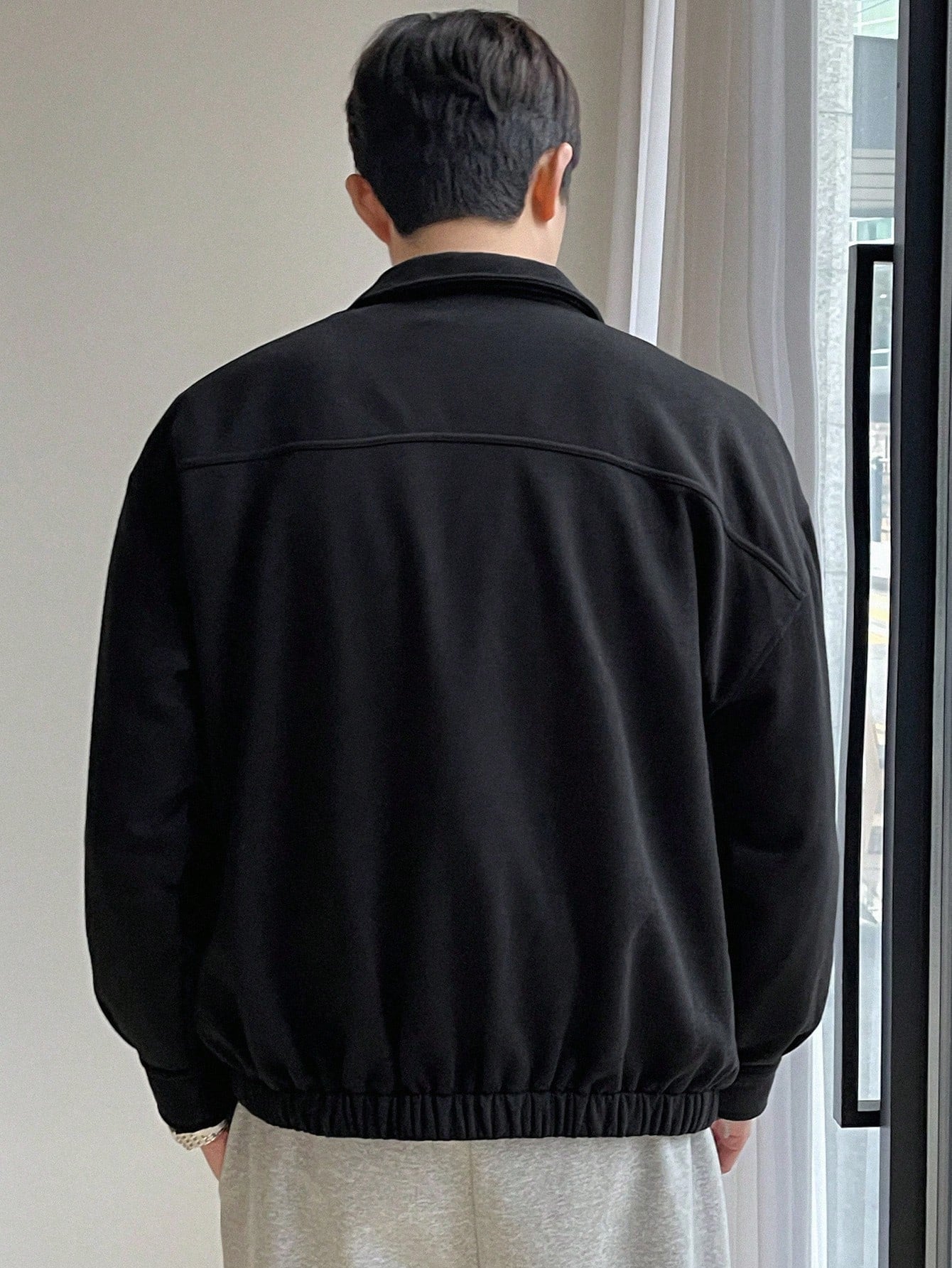 Men's Solid Color Drop Shoulder Long Sleeve Zip Fly Jacket