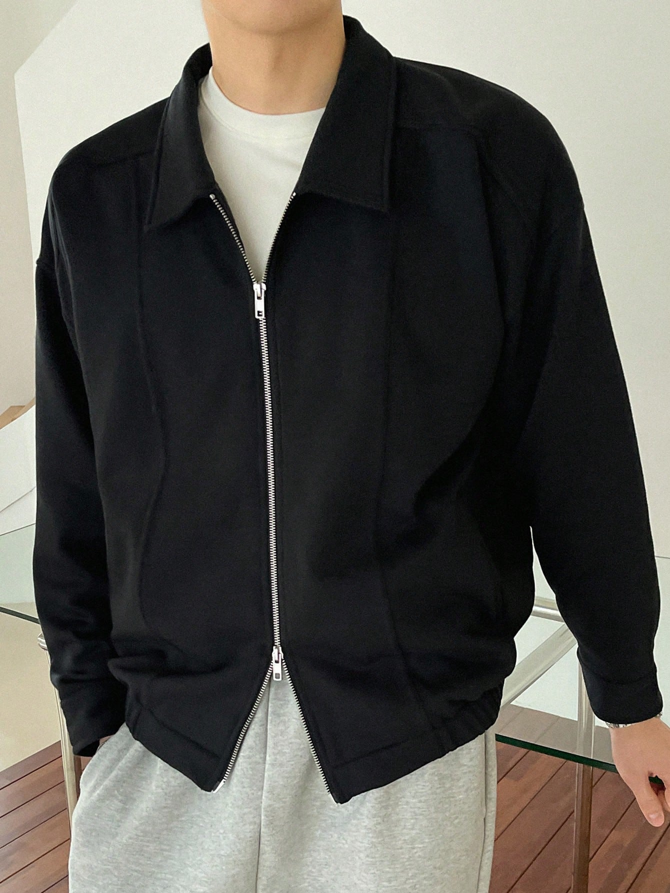 Men's Solid Color Drop Shoulder Long Sleeve Zip Fly Jacket