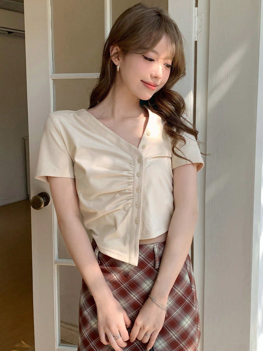Women's Solid Color Asymmetrical Neckline Pleated Wrap Front T-Shirt