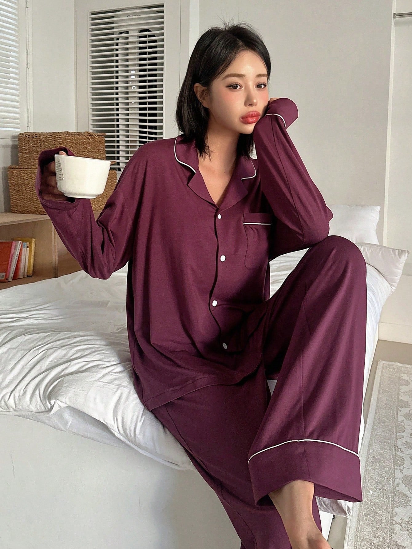 Colorblock Piping Detail Long Sleeve Shirt And Pants Simple Pajama Set