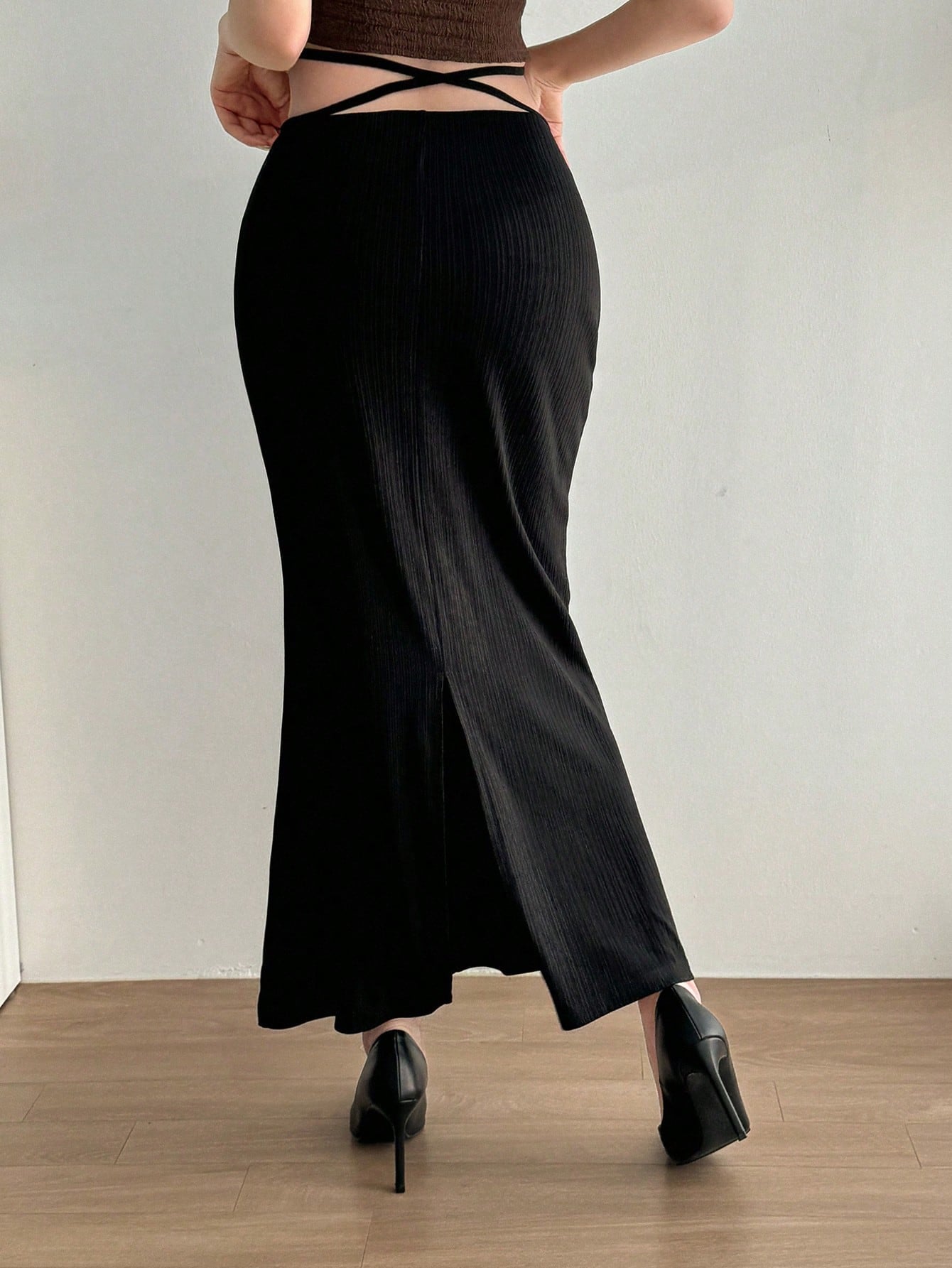 Solid Color Cross-Knot Waist Midi Skirt